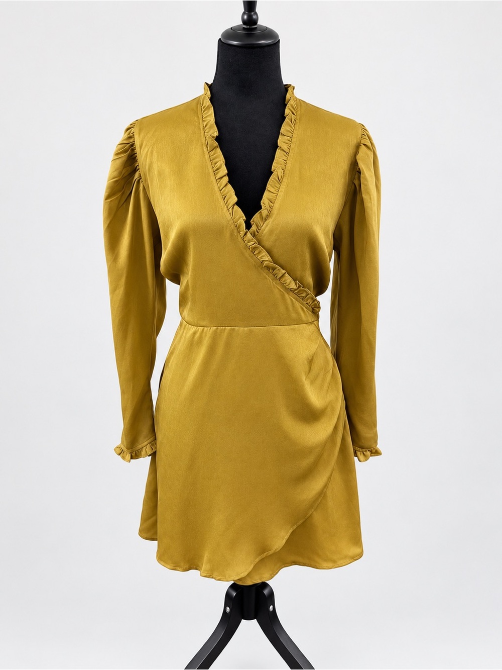 NWT Neon Rose Mustard Gold Satin Ruffle Wrap Mini Dress Women’s Medium